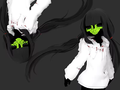 Woman in White Hoodie with Long Black Hair Glowing Green Eyes and Blood Stains 3d model