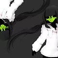 Woman in White Hoodie with Long Black Hair Glowing Green Eyes and Blood Stains