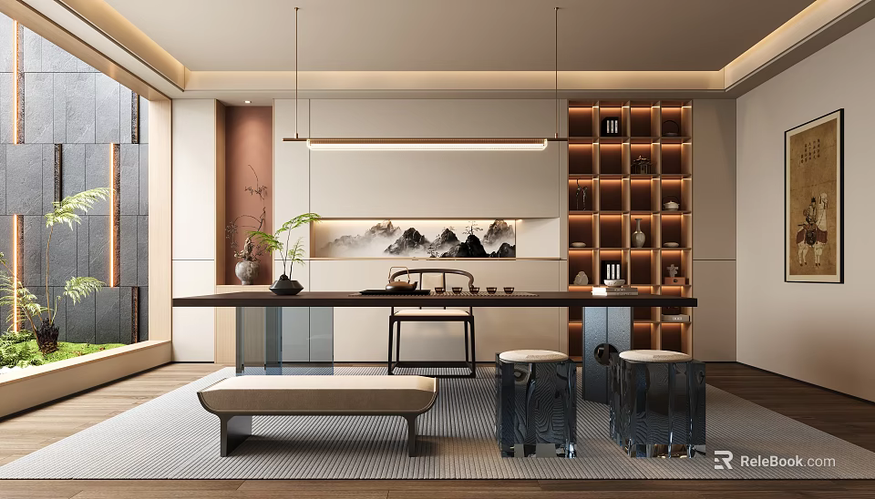 Traditional Teahouse Interior With Tea Table Tea Sets And Landscape Art 3d model 