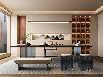 Traditional Teahouse Interior With Tea Table Tea Sets And Landscape Art 3d model