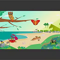 Colorful Cartoon Nature Scene With Owl Butterfly Frog Trees Beach And Water