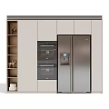 Modern Kitchen Cabinets With Built in Oven Stainless Steel Refrigerator And Open Shelves