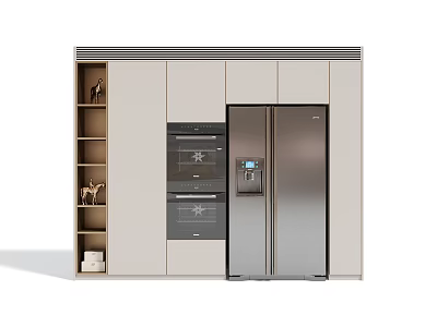 Modern Kitchen Cabinets With Built in Oven Stainless Steel Refrigerator And Open Shelves 3d model
