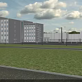 Modern Multistory Industrial Factory Building With Gray Exterior Large Windows Green Lawn And Clear Sky