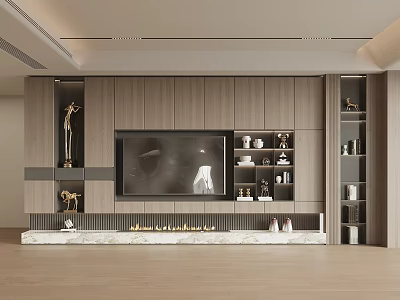 Modern Living Room Interior With Wooden Wall TV Fireplace And Decorative Items 3d model