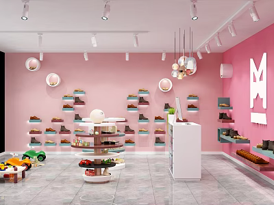 Fashion Store with Pink Walls Multiple Shelves Round Display Tables Hanging Lights and White Cabinets 3d model