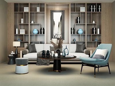 Elegant Modern Sofa Coffee Table Set With Pillows Chair And Decorative Bookshelves 3d model