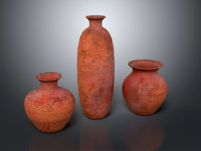 Three Handcrafted Terracotta Pottery Vases With Textured Surfaces And Different Shapes 3d model