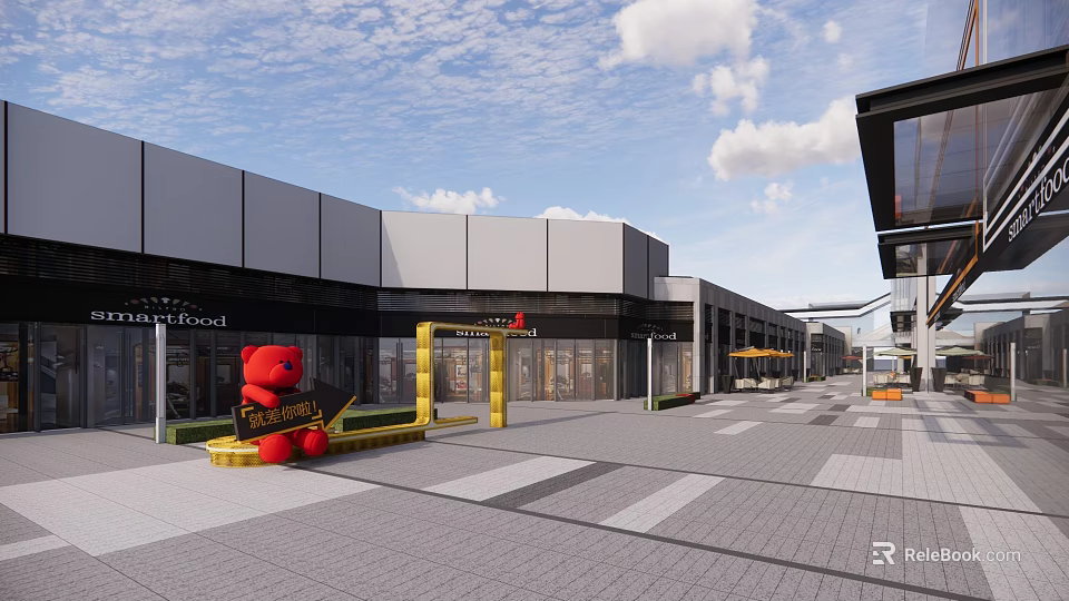 Modern Commercial Street With Red Teddy Bear Shops And Pedestrian Walkway 3d model 