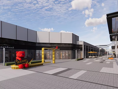 Modern Commercial Street With Red Teddy Bear Shops And Pedestrian Walkway 3d model