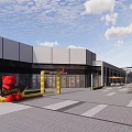 Modern Commercial Street With Red Teddy Bear Shops And Pedestrian Walkway