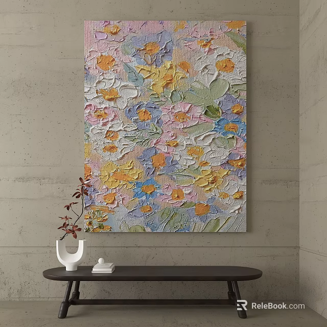 Colorful Flower Oil Painting with Textured Brushstrokes on Gray Wall and Black Table 3d model 