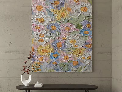 Colorful Flower Oil Painting with Textured Brushstrokes on Gray Wall and Black Table 3d model