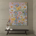 Colorful Flower Oil Painting with Textured Brushstrokes on Gray Wall and Black Table