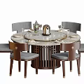 Round Marble Dining Table Set With Gray Cushioned Wooden Chairs And Tableware 3d model