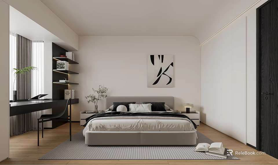 Modern Minimalist Bedroom Interior Design With Comfortable Bed Wall Art Desk And Bookshelf 3d model 