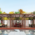 Outdoor Wooden Pavilion With Glass Roof And Water Feature Surrounded By Green Plants