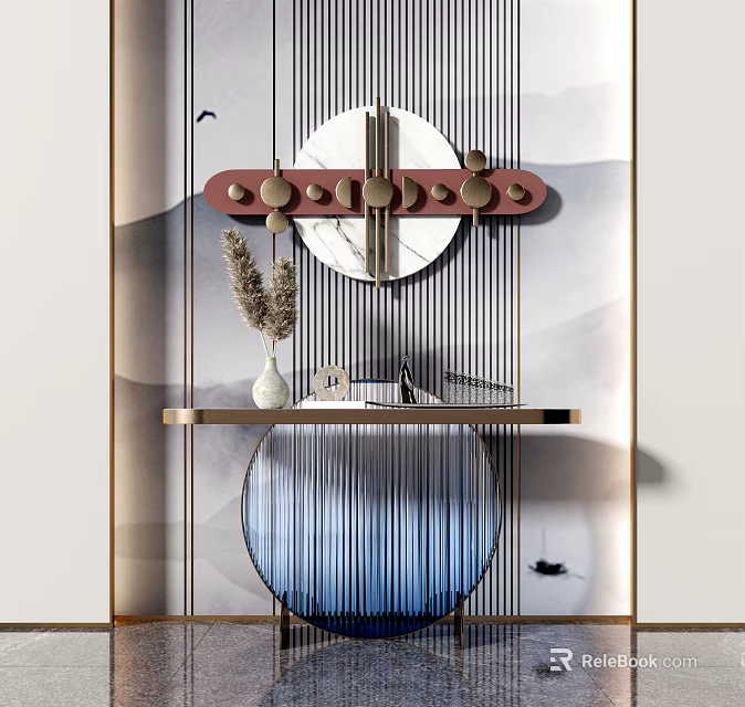 Elegant Modern Console Table Design With Round Mirror Metal Stripes And Landscape Background 3d model