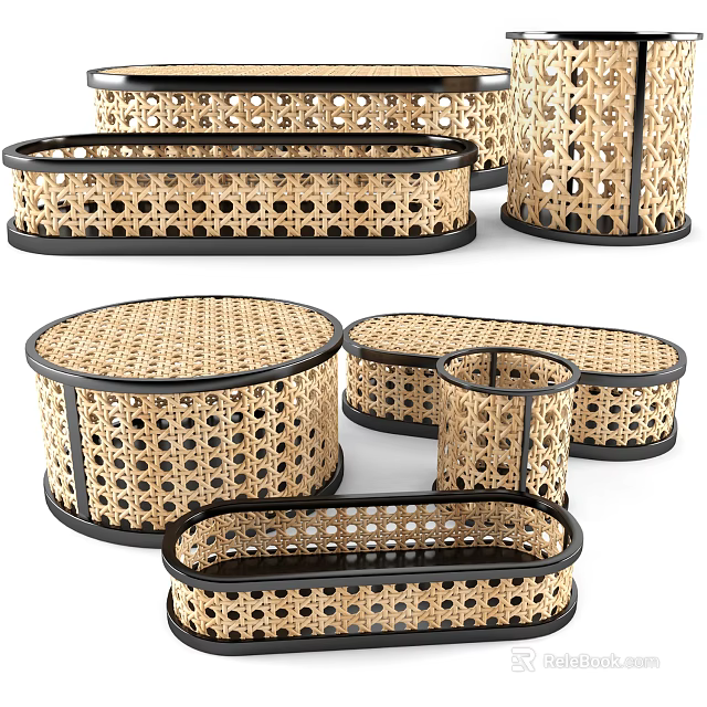 Modern Rattan Coffee Tables With Black Frame Perforated Round And Oval Shapes 3d model 