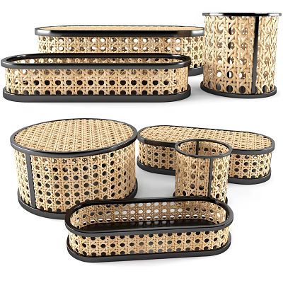 Modern Rattan Coffee Tables With Black Frame Perforated Round And Oval Shapes 3d model