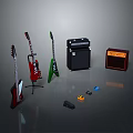Various Colored Electric Guitars Amplifiers And Effect Pedals Music Equipment