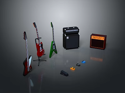Various Colored Electric Guitars Amplifiers And Effect Pedals Music Equipment 3d model