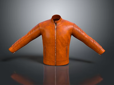 Stylish Orange Leather Jacket With Stand Collar Front Zipper And Stitched Sleeves 3d model
