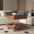 Wooden Coffee Table With Black Top Slide Out Tray And Cream Sofa On Checkered Carpet