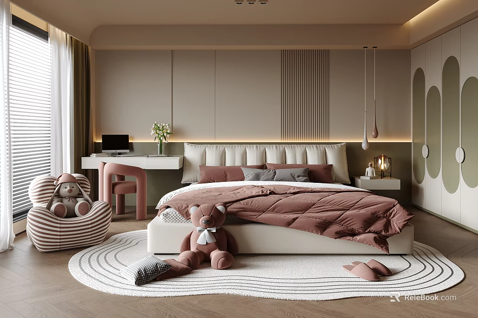 Modern Kids Bedroom Interior With Pink Bed Stuffed Toys Desk Lamp And Soft Rug 3d model 