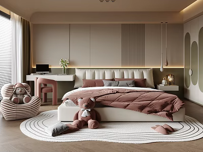 Modern Kids Bedroom Interior With Pink Bed Stuffed Toys Desk Lamp And Soft Rug 3d model