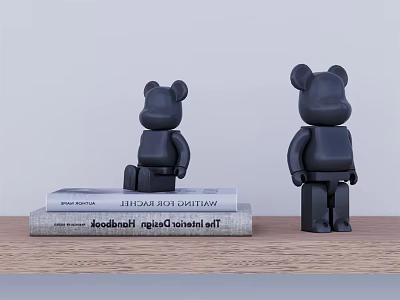 Stylish Black Bear Decorative Ornament Set Placed On Books Over Wooden Table 3d model