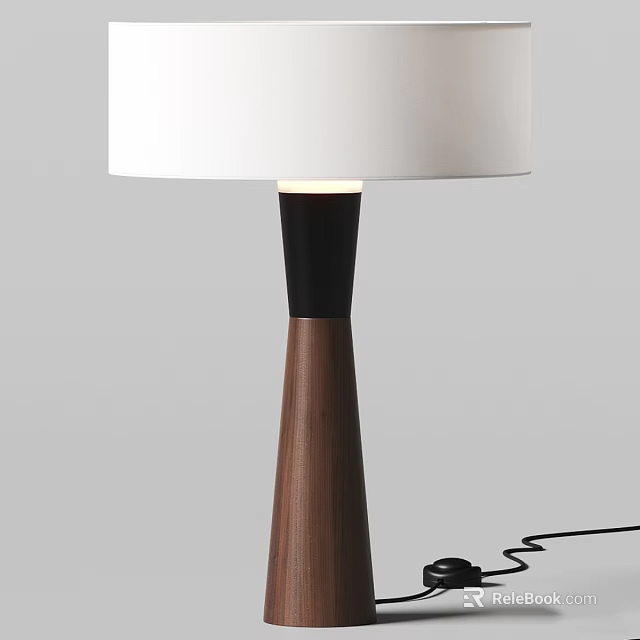 Modern Minimalist Table Lamp With White Lampshade Black Neck And Wooden Base Design 3d model 