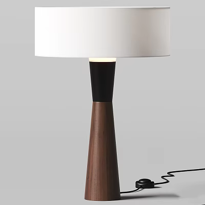 Modern Minimalist Table Lamp With White Lampshade Black Neck And Wooden Base Design 3d model