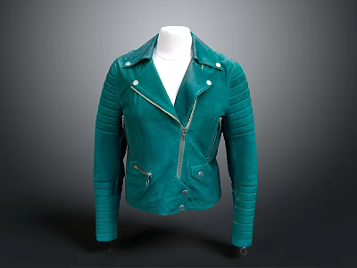 Teal Leather Jacket With Zipper Front Collared Neck And Stitched Sleeves Design 3d model
