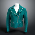 Teal Leather Jacket With Zipper Front Collared Neck And Stitched Sleeves Design 3d model