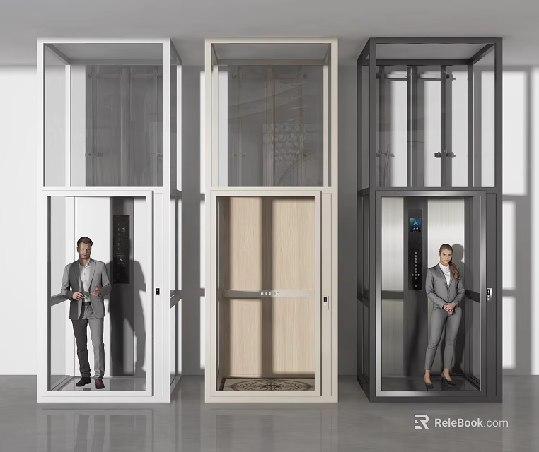 Modern Elevator Design With Glass Doors Different Frame Colors And Suited People Inside 3d model 