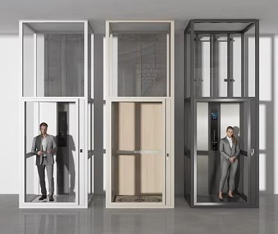 Modern Elevator Design With Glass Doors Different Frame Colors And Suited People Inside 3d model