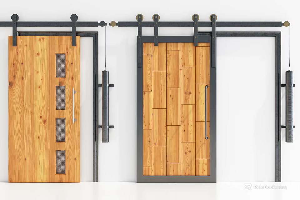Wooden Barn Door With Black Metal Sliding Rail And Panel Design Details 3d model 