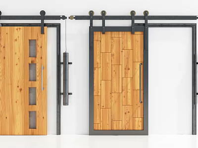 Wooden Barn Door With Black Metal Sliding Rail And Panel Design Details 3d model