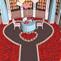 Elegant Banquet Hall Interior With Heart Shaped Balloons Colorful Curtains Chandeliers Red Carpet Arched Windows
