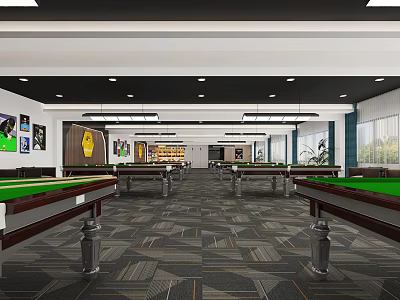 Spacious Billiard Room With Multiple Tables Ceiling Lights Wall Art And Patterned Floor 3d model