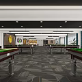 Spacious Billiard Room With Multiple Tables Ceiling Lights Wall Art And Patterned Floor
