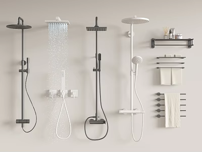 Different Shower Head Styles With Flowing Water Handheld Overhead And Towel Racks 3d model