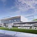 Modern Sales Center Building Featuring Large Glass Curtain Walls Front Fountain and Sculpture 3d model