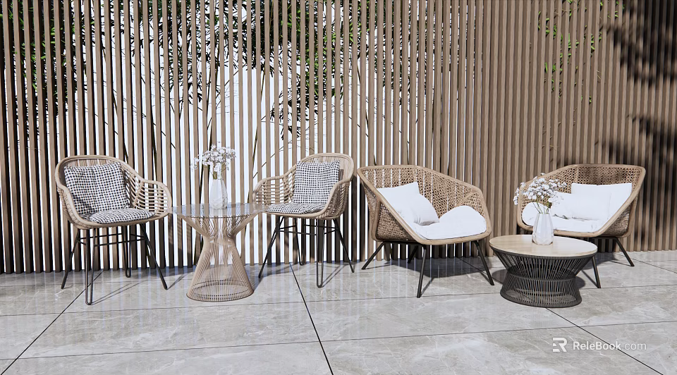 Outdoor Wicker Table And Chair Set With Tables Wooden Louver Screens Plants And Vase Decorations 3d model 