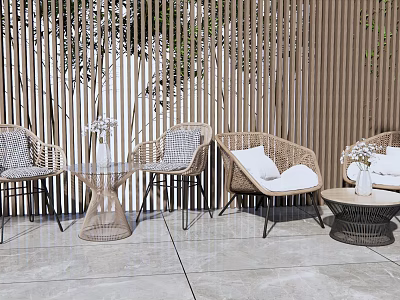 Outdoor Wicker Table And Chair Set With Tables Wooden Louver Screens Plants And Vase Decorations 3d model