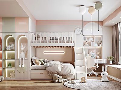 Pastel Kids Room Interior with Bunk Bed Shelves Rabbit Plush Toys Desk and Pendant Lights 3d model