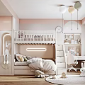 Pastel Kids Room Interior with Bunk Bed Shelves Rabbit Plush Toys Desk and Pendant Lights