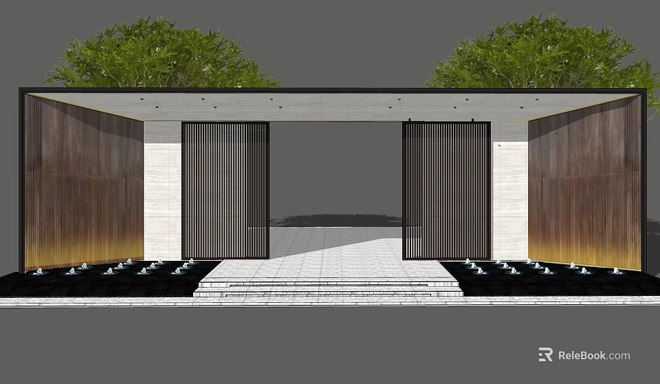 Modern Entrance Gate With Wooden Vertical Slats Stone Walls Steps And Lush Greenery 3d model 