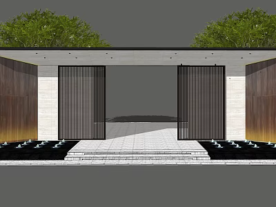 Modern Entrance Gate With Wooden Vertical Slats Stone Walls Steps And Lush Greenery 3d model